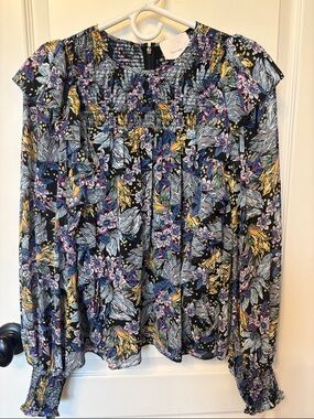 Cinq à Sept Floral Blouse in Blue and Yellow Medium